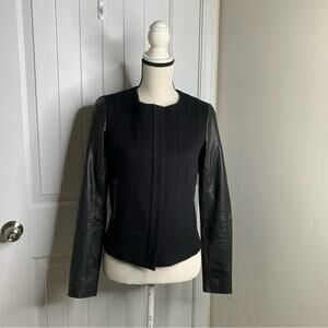 Vince black wool leather sleeves zip up jacket small minimalist quiet luxury‎